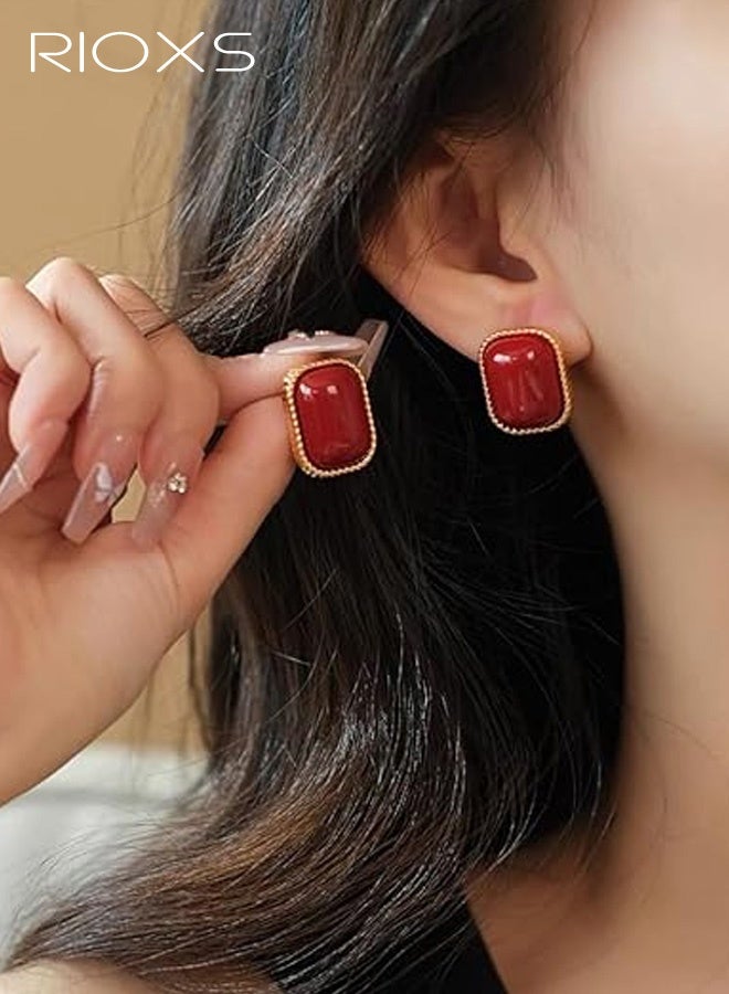 RIOXS Women's Vintage Rectangular Earrings, Hypoallergenic 925 Sterling Silver Studs Gold-rimmed Eye-Catching Jewelry Elegant, Perfect for Fall Fashion Accessories, Gifts, Parties, Anniversaries, Dating, Red - Image 1